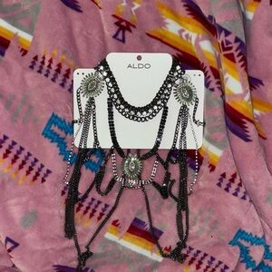 Aldo Body Jewelry Chains Shoulder Black Silver Layered Necklace Rhinestone
